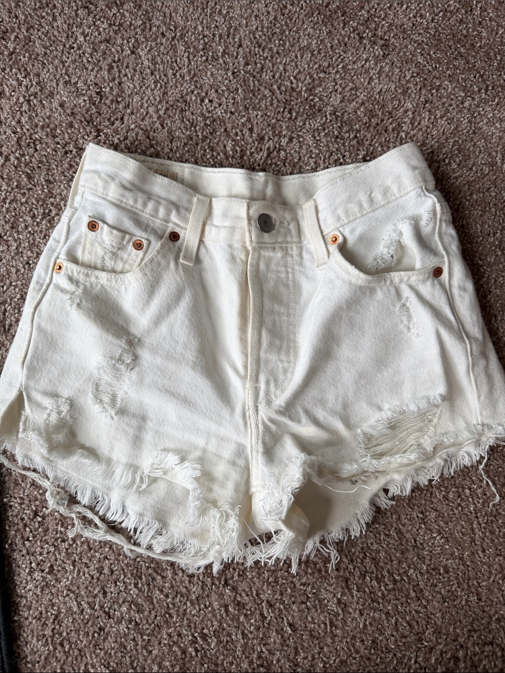 Levi's Cream Distressed High-Rise Denim Shorts